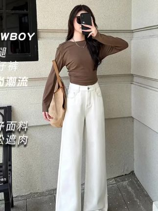 小个子天丝白色牛仔裤女早秋新款莱赛尔高腰垂坠感直筒牛仔裤#百搭裤子 #穿搭 #大长腿 #显高显瘦显腿长 #爆款热卖中