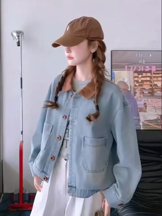 蓝色韩版小清新减龄单排扣牛仔外套女2025秋季新款小个子百搭夹克