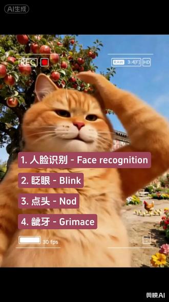 1. 人脸识别 - Face recognition
2. 眨眼 - Blink
3. 点头 - Nod
4. 龇牙 - Show teeth / Grimace