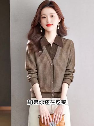 现货【90-160斤】高品质秋冬保暖毛衣女新款时尚衬衫领假两件1105