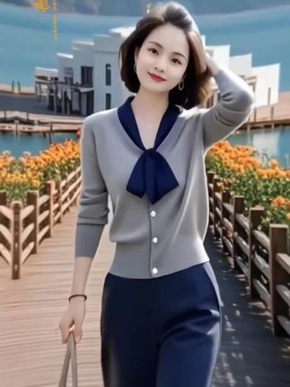 韩版高级女装通勤设计感春秋新款拼接系带针织上衣直筒裤两件套装#时尚穿搭#洋气减龄两件套#精致优雅#通勤搭配#不挑年龄不挑身材@DOU+小助手