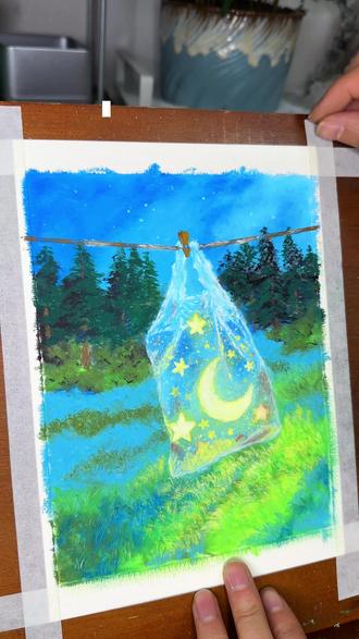 把一整个星月装进袋子里🌟💫#油画棒 #油画棒风景画 #治愈系风景 #自学画画打卡 #画渣本渣