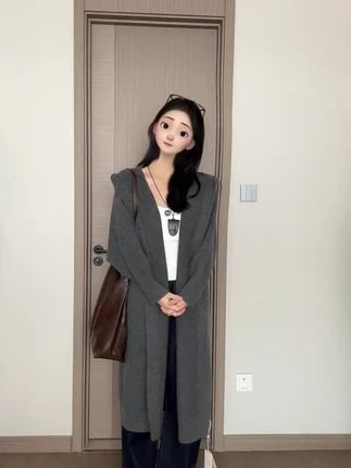 韩系慵懒风连帽长款过膝针织开衫女秋冬加厚宽松大版显瘦外套大衣#穿搭分享 #温柔风穿搭 #春秋穿搭 #甜美穿搭 #温柔穿搭