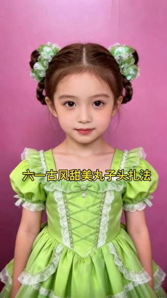 六一甜美古风丸子#儿童花样辫子扎法 #公主发型发饰 #丸子头#六一发型