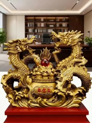双龙聚宝摆件 纯黄铜祥瑞生肖工艺品家居饰品