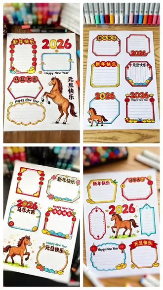 2026马年元旦手抄报手绘素材及内容(适配不同边框)
一、 圆形边框(适配趣味小版块、装饰角落)
1. 小马萌语录
龙马精神迎新年,健健康康笑开颜~
元旦到,马蹄俏,新的一年节节高!
2. 元旦冷知识
元旦一词最早出自《晋书》,“元”是开始,“旦”是早晨,象征新一年的第一天。
二、 方形边框(适配正文版块、知识科普区)
1. 马年新年寄语
2026是农历丙午马年,马在中华文化中代表着奋进、勇敢与活力。新的一年,愿我们像骏马一样,怀揣梦想,大步向前,在学习中收获成长,在生活中遇见美好。
2. 元旦习俗小百科
元旦的习俗丰富多彩,北方人会吃饺子,寓意招财进宝;南方人偏爱汤圆,象征团团圆圆。除此之外,人们还会挂灯笼、贴春联、逛庙会,用热闹的方式迎接新年的到来。
三、 波浪形边框(适配诗歌、祝福语版块)
1. 元旦小诗·马年颂
爆竹声中旧岁除,
马蹄声声踏新途。
春风送暖入万户,
元旦安康乐无忧。
2. 新年祝福清单
✨ 祝长辈福寿安康,笑口常开
✨ 祝同学学业进步,金榜题名
✨ 祝家人团团圆圆,幸福美满
四、 祥云纹边框(适配传统文化、生肖介绍版块)
1. 生肖马的文化寓意
马是十二生肖中的第七位,对应地支“午”。在古代,马是重要的交通工具和战争伙伴,象征着忠诚、奔腾不息的精神。龙马精神、马到成功等成语,都寄托了人们对顺遂、奋进的美好期许。
2. 元旦的由来
古代曾以腊月、十月等为正月,汉武帝时期规定农历一月为正月,一月一日为元旦,从此固定下来。1949年,中华人民共和国正式规定公历1月1日为元旦。
#元旦手抄报 #新年边框 #手绘画画 #2026跨年 #马年元旦绘画