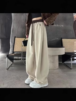 慵懒风刺绣阔腿裤女秋冬加绒加厚高腰宽松时尚百搭拼色休闲弯刀裤#裤子 #穿搭 #时尚