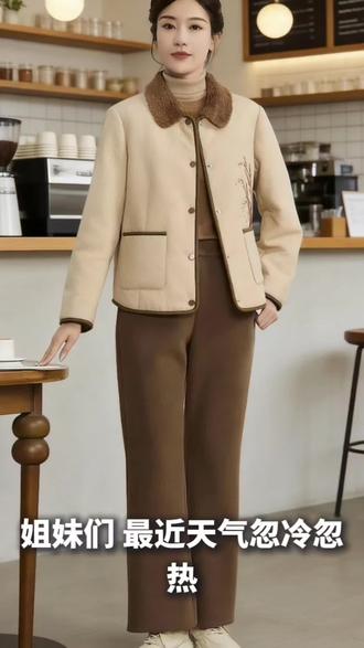浅杏色棉衣外套,毛绒翻领温柔包裹,同色系刺绣点缀,搭配深棕阔腿裤,在落叶街道上自在漫步,是通勤路上的温暖风景线。#依伽依佳女装店