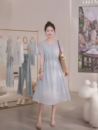 夏新款女装气质百搭腰部抽绳串珠显瘦连衣裙#连衣裙 #裙子 #百搭 #高级感穿搭 #女装