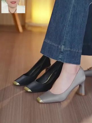 时尚方头拼色方头高跟鞋#脚宽脚胖都可以#透气舒适不臭脚  #不挑年龄不挑脚 #时尚高跟鞋