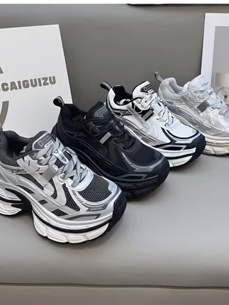 秋季网面透气增高厚底真皮老爹鞋女小个子增高7cm松糕休闲运动鞋