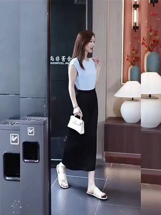 新中式醋酸半身裙女2025新款夏季高腰a字高级垂感开叉鎏金缎面裙子#新中式穿搭 #半身裙 #显瘦穿搭