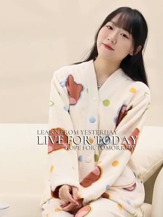 【芬腾】布朗熊法兰绒女秋冬季加绒加厚保暖套装可爱珊瑚绒家居服