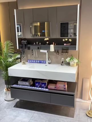 岩板浴室洗手池 【岩板陶瓷无缝】鱼肚白浴室柜组合轻奢简约家用洗手池面盆洗漱#岩板洗手池 #浴室洗手池 #洗漱台 #浴室洗漱台
