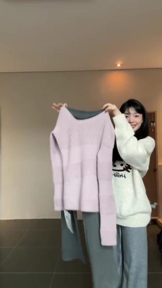 【 淡颜天菜】 韩系斜肩毛衣+韩系微喇加厚休闲长裤显瘦套装23081##韩系毛衣#微喇长裤#加厚保暖 #显瘦搭配#穿搭分享