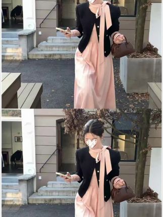 韩系气质百搭法式小香风外套+温柔粉色长袖连衣裙两件套装D721#小众设计感#法式气质连衣裙#温柔风穿搭#约会穿搭#ootd穿搭