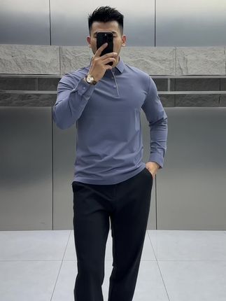 秋冬新款高品质商务休闲撞色门襟磨毛保暖弹力无痕长袖polo衫#商务休闲 #百搭显瘦 #polo衫穿搭 #抗皱免烫 #长袖t恤