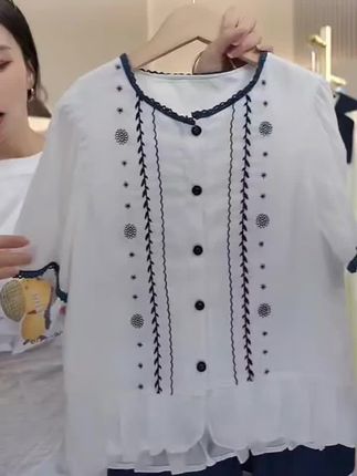 女大童花边下摆格子小衫套装#小清新穿搭 #刺绣上衣 #套装