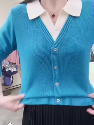 假两件POLO领针织衫毛衣女秋季新款拼色高档保暖韩版短款打底上衣#假两件针织衫 #毛衣 #针织衫