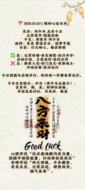 📅 2026.03.03 | 瑾昕心运日历
农历:丙午年 正月十五(元宵佳节·团圆启新)
干支:庚寅月 丙子日 | 值神:青龙(黄道吉日,诸事亨通)
日签:灯火映心,福启新程
✅ 宜:元宵祈福·亲友相聚·出行开市·启动计划·文案创作·签约合作
❌ 忌:搬家入宅·安门出火·安葬动土·冲动决策·夜间远行
心理学说“仪式感唤醒内在力量,团圆中凝聚能量,行动里收获成长”
命理学说“丙火照暖,子水藏智,青龙主吉,元宵启运,顺势而为,福气自来”。
今日团圆与启程并行,你的每一步都自带光芒。
👉 今日生肖提示:冲马(庚午马忌南方),吉肖牛、猴、龙;财神位西南,幸运色朱砂红、月光白、暖金
👉 今天你最想开启的一件事是什么?评论区打出来,言出法随,帮你加持能量🔥。
#瑾昕心运日历 #每日能量签 #女性成长 #正月十五元宵启运 #祝你马上成功马上发