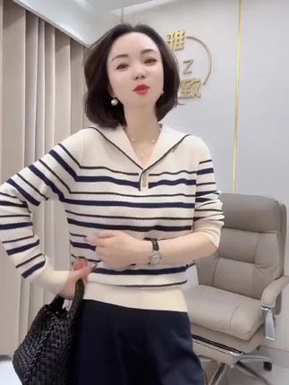 【80-160斤】海军领翻领条纹套头针织衫2025春季打底长袖上衣女#气质穿搭 #面料柔软舒适 #秀出好身材 #淘淘优品👑@DOU+上热门