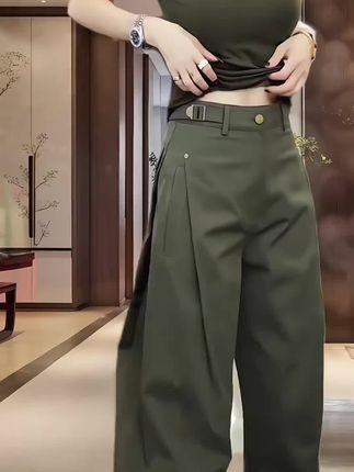 Aimeerosa/艾洛莎2025早秋薄款酷帅工装休闲裤显瘦高腰阔腿弯刀裤#弯刀裤#阔腿裤#工装休闲裤