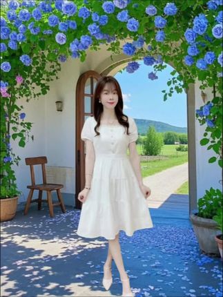 【潮流时尚蕾丝拼接方领短袖连衣裙女2025年夏季新款洋气减龄中长裙】#气质仙女裙穿搭 #夏季穿搭 #温柔风穿搭 #小清新穿搭 #甜美穿搭