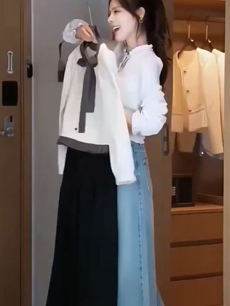 秋装女款爆款2025新款韩版撞色绑带长袖衬衫显瘦高腰半身裙两件套#时尚气质#早秋穿搭#减龄穿搭#谁穿谁好看#说好的随便穿穿去看秀