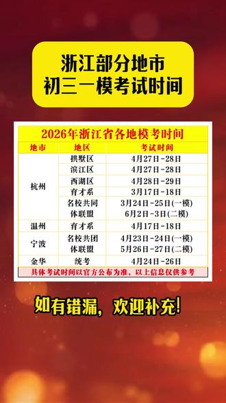 浙江部分地市初三一模考试时间 浙江部分地市初三一模考试时间#升学规划 #杭州中考 #程功聊杭州中考 #家长必读