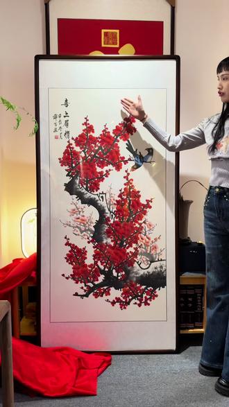 手绘《喜上眉梢》,四尺竖幅梅花挂画 #手绘#国画#家居挂画#文玩探宝#书画