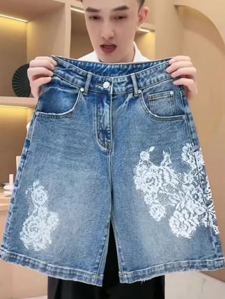 【韩哥女装】2025欧版《凌风》轻薄透气水洗蓝撞色印花牛仔短裤7271