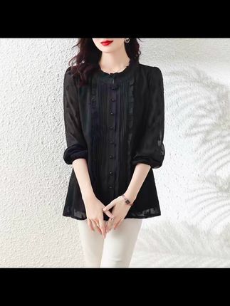 黑色衬衫女大码中长款洋气宽松遮肚子显瘦提花雪纺衫减龄长袖上衣#好物分享视频同款 #好物推荐小助手 @DOU+小助手