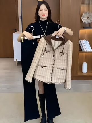时尚小香风短外套女今年新款洋气质百搭显瘦连帽休闲格子上衣#洋气减龄