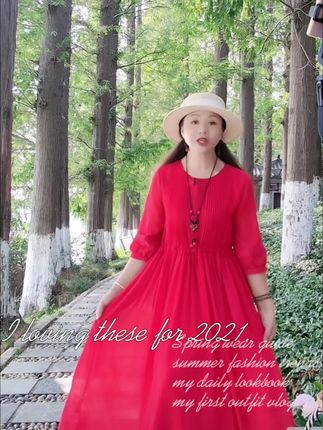 宽松抽绳收腰通勤红色拍照连衣裙气质显瘦休闲蕾丝拼接黄色长裙女