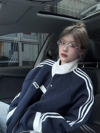美式学院风卫衣外套男女秋季撞色拼接潮流百搭青少年条纹立领夹克#美式#学院风#卫衣外套#百搭#秋季