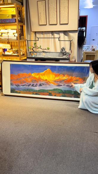 定制作品《日照金山》,六尺横幅客厅挂画 #手绘#国画#家居挂画#文玩探宝#书画