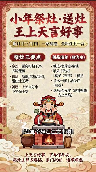 群公告
《灶王爷辞灶注意事项》
㊙️灶神敬不对, 一年都白费。
灶神除了掌管人间食禄,上天言好事,下界保平安,上下传达之职。
腊月 二十四 南方辞灶神正确流程时间:
晚上:5点至11点。
准备三样水果,每样三个【苹果、橙子、香蕉、芭乐】、准备一样【旺旺饼、蛋糕、包子、五谷】准备一样【糖果、麦牙糖、糖瓜条、汤圆、糖糍粑】以上搭配共五盘。
三杯清茶,三杯美酒
念:
上天言好事,下界保平安。
今天腊月二十四,
我送灶王回天庭。
点上清香送上酒,
桌上贡品样样有。
喝上美酒驾祥云,
拿上钱粮就出门。
含上糖果甜又甜,
玉皇面前多美言。
玉皇面前光说好,
回来多带金元宝。
多带吉祥多带钱,
七天回来好过年。
我给灶王磕个头,
保证吃穿都不愁。
备注:因为女不祭灶、男不拜月。所以叫家里的男人拜是最好的。