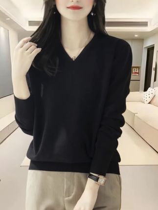 #秋冬季新款纯色内搭打底上衣女装#黑色长袖针织衫#宽松休闲V领毛衣#多色可选 #谁穿谁美