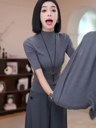 2025春秋新品亲肤半高领五分袖打底衫女紧身薄款针织中袖气质上衣#时尚上衣#洋气上衣#气质上衣#显瘦打底衫#百搭打底衫