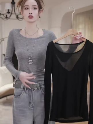 2025秋季洋气假两件长袖T恤 女款显瘦修身内搭打底衫#显瘦修身 #打底衫