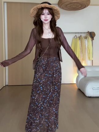 【洛神花信】夏季穿搭一整套长袖 针织衫吊带背心碎花半身裙#半身裙 #甜美穿搭 #套装 #夏季 #针织衫