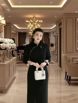 高级感穿搭#XYD71704秋季旗袍长裙端庄优雅立领大码女装修身弹力连衣裙