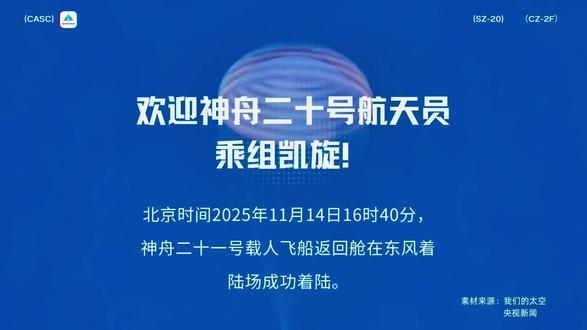 欢迎神舟二十号航天员乘组凯旋归来! 北京时间2025年11月14日16时40分,神舟二十一号载人飞船返回舱在东风着陆场成功着陆。
14时49分,北京航天飞行控制中心通过地面测控站发出返回指令,神舟二十一号载人飞船轨道舱与返回舱成功分离。之后,飞船返回制动发动机点火,返回舱与推进舱分离,返回舱成功着陆,搜救分队及时发现目标并抵达着陆现场。返回舱舱门打开后,医监医保人员现场确认神舟二十号乘组航天员陈冬、陈中瑞、王杰身体状态良好。
神舟二十号乘组3名航天员在轨驻留204天,刷新了中国航天员单个乘组在轨驻留时间最长纪录,期间完成了4次出舱活动和多次货物进出舱任务,在地面科研人员密切配合下,完成了涉及微重力基础物理、空间材料科学、空间生命科学、航天医学、航天技术等领域的大量空间科学实(试)验。#科普 #神舟二十号 #中国航天 #载人航天