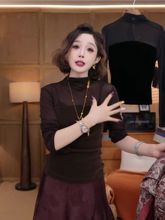 •幽夜•2025秋冬金丝绒内搭高领打底衫上衣薄款百搭网纱长袖258760#yolo宥娄#打底#百搭#强烈推荐