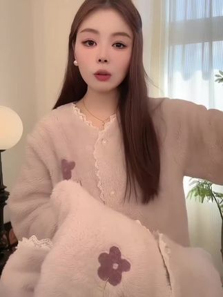 秋冬季开衫外穿珊瑚绒小香风睡衣家居服套装清仓