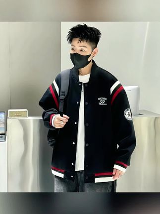 青少年秋季美式拼接宽松夹克男潮牌撞色罗纹针织绣花棒球服外套#品质男装 #夹克外套 #潮男穿搭 #外套穿搭 #棒球服外套