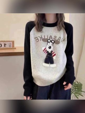 秋冬新款韩版圆领拼色卡通宽松长袖针织衫套头毛衣上衣女#上衣