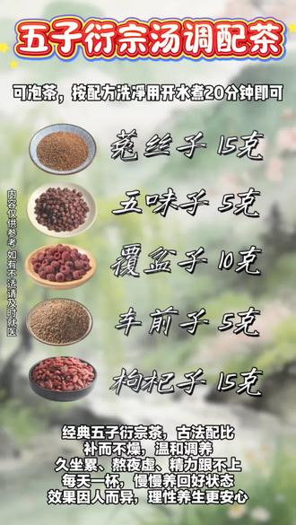 日常养生不知道喝什么?试试这个五子衍宗汤配方~
枸杞子15g、菟丝子15g、覆盆子10g、五味子5g、车前子5g,食材洗净后用沸水焖泡10-15分钟就能喝,当日常饮茶很合适。
觉得有用的朋友可以截图收藏,按需尝试哦。#养生茶 #五子衍宗汤 #食疗养生 #喝茶 #茶包
