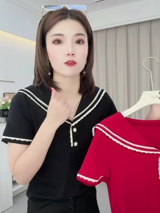 高含棉欧货时髦海军领拼接短袖t恤女2025年夏季新款显瘦百搭上衣#气质穿搭#夏季新款 #百搭上衣