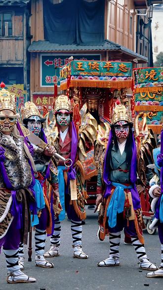 官将首增损二将军
介绍:
相传两将军原为危害人间的魑魅,后为地藏王菩萨的佛法所慑服,而成为地藏王菩萨的驾前护法。
奉旨庇荫民间。因此官将首的原始造型为两个人所扮演,后来由于碍于美观之故,将其阵容增加为三人,青面损将军、增将军一身化二为红蓝二人,而演变至今日的五人,六人不等。而新庄的官将首更加上阴阳司公,虎头铡与引路童子一同出巡,为其一大特色。
官将首,本称增损二将,是地藏王菩萨的护法,后成为台湾民俗的一种阵头,相传由新庄地藏庵首先开创
台湾民间信仰中,青面损将军与红面增二将军原本为天地灵气所化之仙,后受地藏王菩萨愿力之感召,作为护法将军,被称为「诸官将之首」,是为「官将首」。 二将军平日专司监察人间善恶,默默记录。
台湾的官将首起源于台湾新庄地藏庵,即大众庙。
早期新庄地藏庵的官将首只有增损二将,皆持手铐,增将军红面于右、损将军绿脸于左,后增将军改为持火签与手铐,损将军则是持三叉尖枪与三角令旗。再后来增将军变为二人,出阵时由二人增为三人
#传统文化
#人类非物质文化遗产
#民俗文化